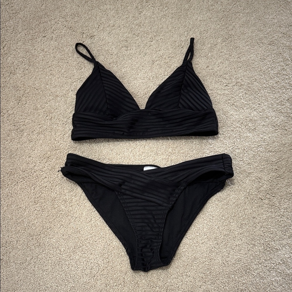No Boundaries Black Striped Bikini Set